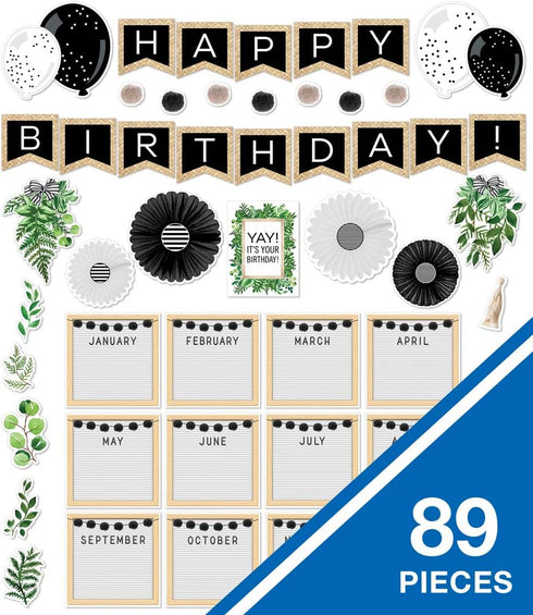 Schoolgirl Style Simply Boho 89-Piece Happy Birthday Bulletin Board Set with 12-Month Signs, Poms, and Cutouts