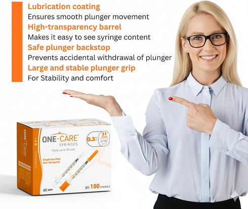 0.3 ml/cc, 31G 5/16 (8mm), 100 ONE-CARE Syringe x Individually Wrapped, Orange Cap, Box of pcs