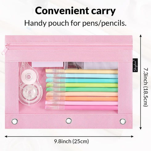 SKYDUE Pencil Pouch for 3 Ring Binder, Clear Window Pencil Case with Smooth Zipper for Girls Boys, Pink & Purple