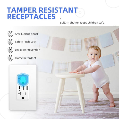 Wall Outlet with USB Ports, 3-Port USB C Outlet, 30W 6.0A Electrical USB Outlet, 2-Pack, Matte White.