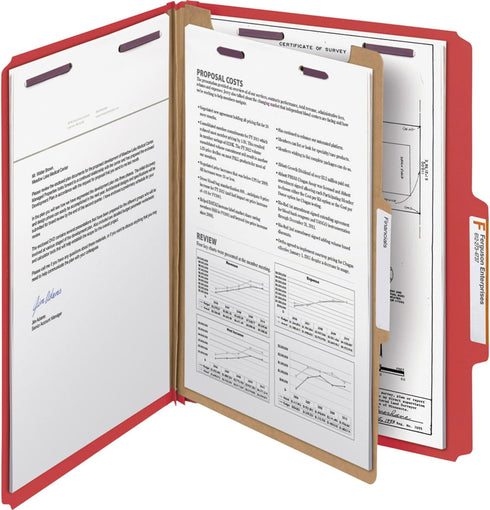Smead Pressboard Classification File Folder - 1 Divider, 2" Expansion, Letter Size, Bright Red, 10 per Box (13731)