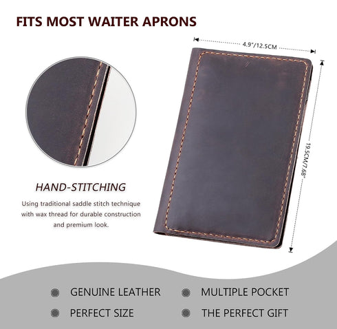 Server Book Organizer with Zipper Pocket, Genuine Leather Restaurant Guest Check Presenters Card Holder for Waitress