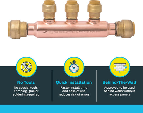 SharkBite 3/4 Inch x 1/2 Inch Outlet Multi-Port Tee, Push to Connect Brass Plumbing Fittings