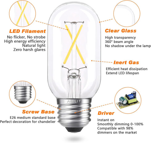 T45/T14 E26 Bulbs 25 Dimmable, 4000K, 2W Bulbs 6-Pack Light Watt Equivalent, Clear Natural White Daylight Tube LED