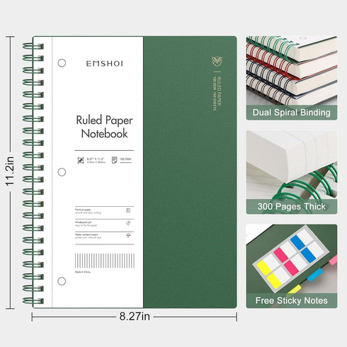 EMSHOI College Ruled Spiral Notebook 8.5” x 11” - 300 Pages/150 Easy Tear Perforated Sheets, 3-Hole Punched 100gsm Thick Paper - A4 Lined Journal for Writing Women Men Work School, Dark Green by EMSHOI