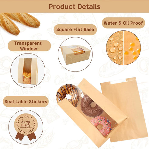 45 Pack 14x8.3x3.5in 45 Large Bread Bags for Homemade Bread, Kraft Paper Bakery Bread Bags with Clear Window and Tin
