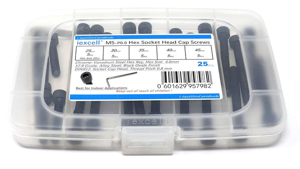 iexcell 25 Pcs M5 x 25/30/35/40/45 Alloy Steel 12.9 Grade Hex Socket Head Cap Screws Bolts Assortment Kit