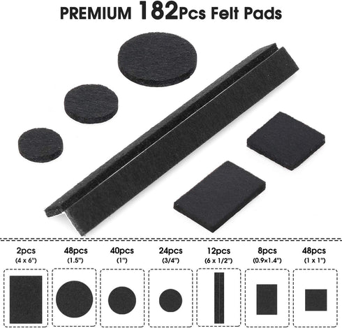 Yelanon Felt Furniture Pads -182 Pcs Furniture Pads Self Adhesive, Cuttable Felt Chair Pads, Anti Scratch Floor Protectors for Furniture Feet Chair Legs, Felt Pads for Hardwoods Floors, Black