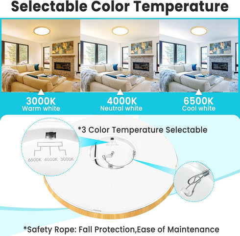12Inch 28W 3200lm 3000K-6500K 1 Pack libtit Wood LED Flush Mount Ceiling Light, Brightness, Adjustable Color Temp |