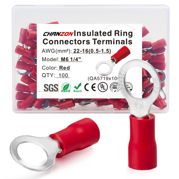 Chanzon 100pcs Red Ring Terminals - M6 1/4" inch - UL Listed Insulated PVC Eyelet Wire Connector