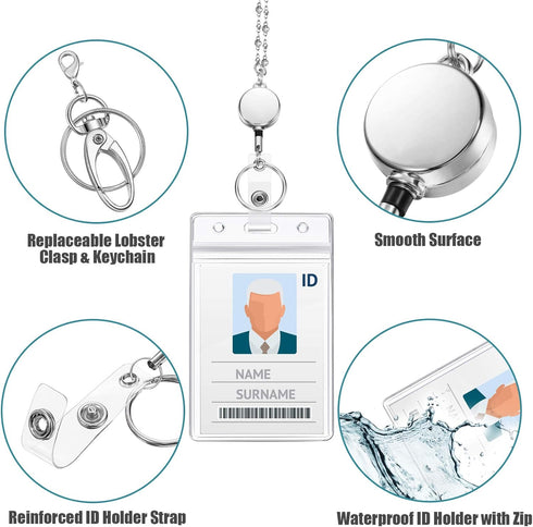 Blulu 2 Styles Set Women Beaded Lanyard with ID Holder, Retractable Badge Reel for Teacher Student