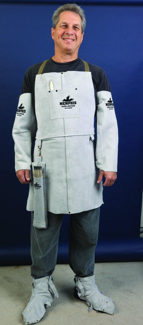 38130MW 24 30-Inch MCR Safety by Memphis Split Cow Leather Welding Bib Apron with Front Pocket, Gray