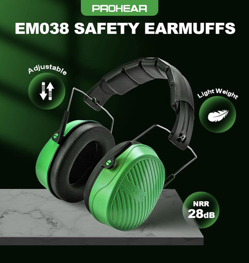 PROHEAR EM038 Ear Protection Safety Earmuffs for Mowing, 28dB Noise Reduction Passive Hearing Protector, Compact Foldable Headset for Shooting Construction Power Tools, Green