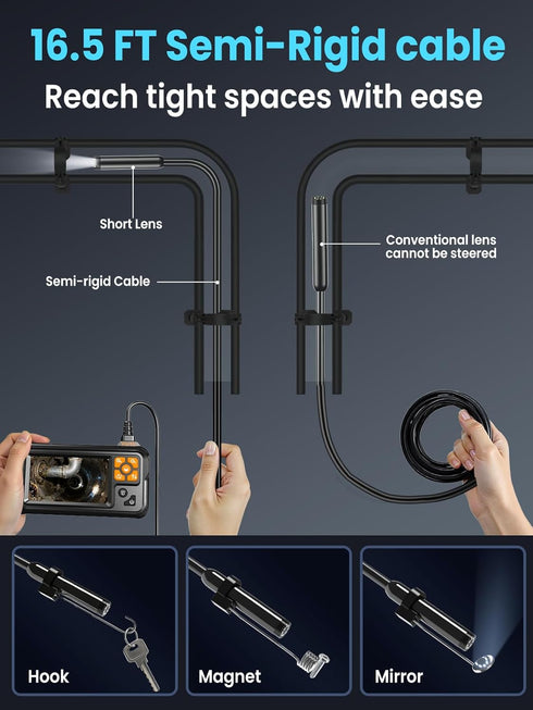 Vorth 4.3" 1080P 8 16.5 IP67 Endoscope Camera with Light, IPS Screen Borescope with LED Lights, FT Semi-Rigid Cable