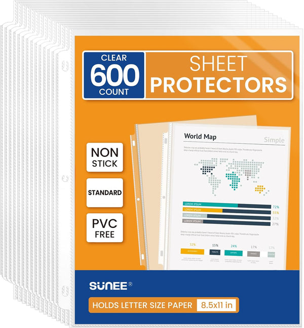 SUNEE 600 Pack Sheet Protectors for 3 Ring Binder, PVC-Free Clear Page Protectors 8.5x11 Inches, Top Loading Binder