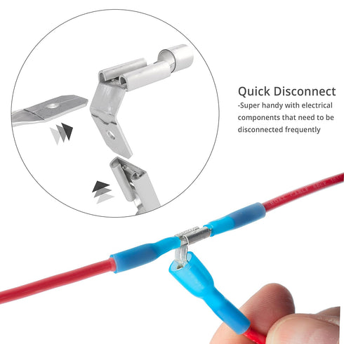 Wirefy 150 PCS Heat Shrink Piggyback Spade Connectors - 3 Way Quick Disconnect Terminals, Blue 16-14 AWG