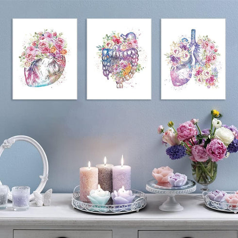 Set 6(12x16),Floral CHDITB Medical Human Anatomy Wall Art, Medical Anatomical Art of Heart Skull Medical Office Decor