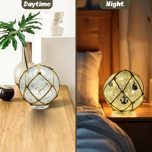 Quasynel 2PCS 6inch Glass Fishing Night Lights - Cracked Glass Ball Nautical Lamp with Decorative Pendants Battery