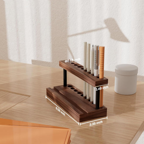 Pencil & Pen Holder for Desk, Solid Walnut Pen Display Stand with 9 Slots and Cell Phone Holder, Aesthetic Decor