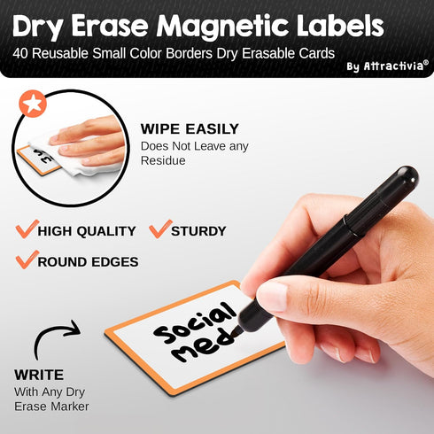 Dry Erase Magnetic Labels, 40-Pack Small Dry Erase Magnets with Color Borders for Office, Education, Home