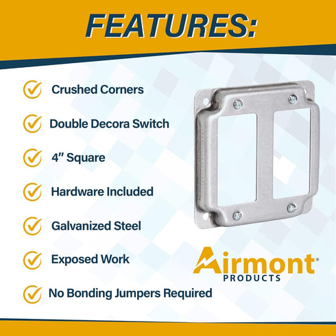 AP-12094 4" Square Double Decora Switch Electrical Box Cover, 1/2" Raised, Galvanized Steel, 2-Gang