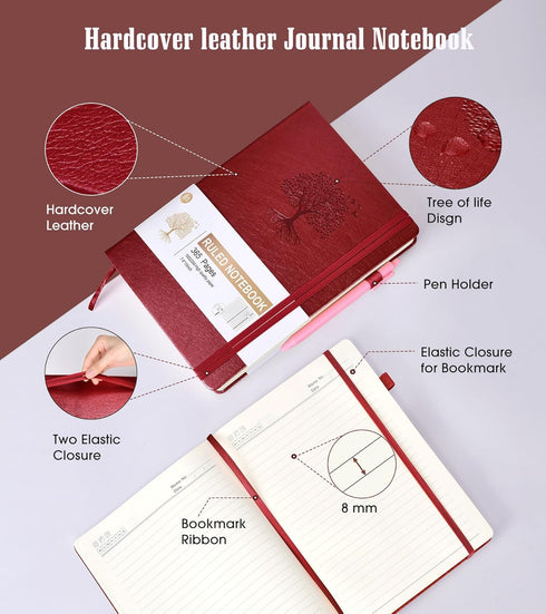 Lined Journal Notebook, 365 Pages, B5 Large Hardcover Leather Journal for Writing, 100Gsm Paper, Wine (7.6'' x 10'')