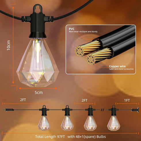97 48+1 Bulbs 2700K Dimmable IP65 Kawaya Outdoor String Lights FT LED Patio with Shatterproof Unique Diamond Edison