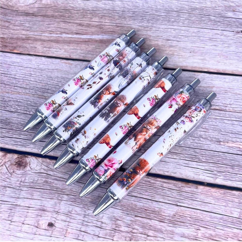 YJ PREMIUMS 7 PC Cow Pens | Cute Highland Cow Print Floral Kawaii Aesthetic School Office Supplies