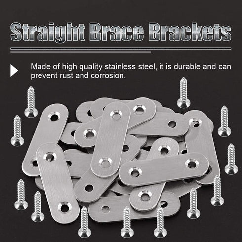 Glarks 20 Sets 50mm/2inch Stainless Steel Flat Brace Brackets with 40pcs Self Tapping Screws Set for Repair Fixing