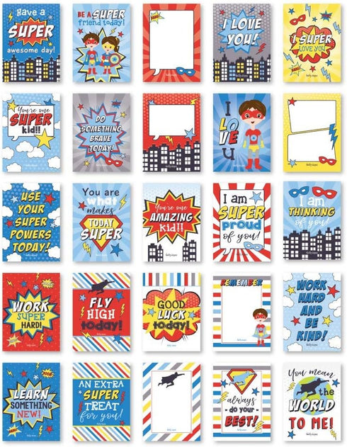 Lunch Box Notes for Kids – 25 Motivational Cards for Boys, Superhero Lunch Box Notes with Positive Affirmations