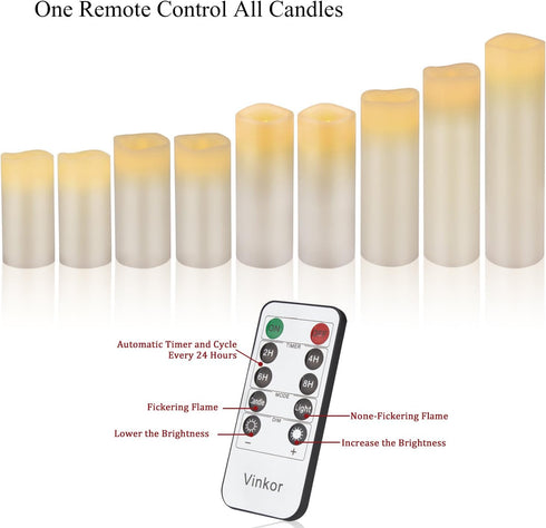 Flameless Candles Battery Operated, 4" to 9" Set of 9 Ivory Real Wax Pillar LED Candles with Remote and 24 Hours Timer