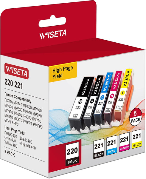 Wiseta Compatible Ink Cartridge Replacement for Canon PGI220 CLI221, Black, Cyan, Magenta, Yellow 5 Pack