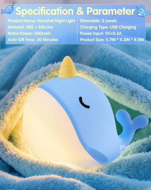 30-Min Fuloon Narwhal Night Light with Whale Shape, Squishy Silicone Kids Lamp, Safe & Soothing Touch Control for Kids
