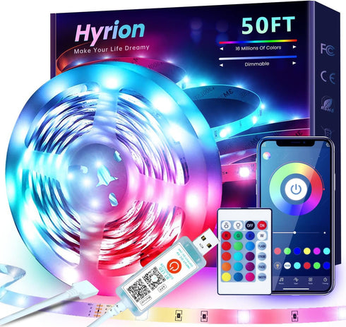 hyrion 50ft USB-Powered RGB LED Strip Lights, Music Sync & Sound-Reactive Color