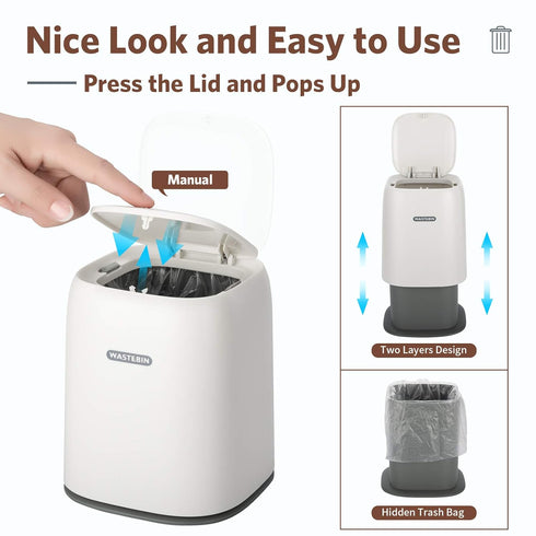 Mini Countertop Trash Can with Press Type Lid, 1.5 L / 0.40 Gal Wastebasket Dispenser, 3 Rolls of Trash Bags (White)