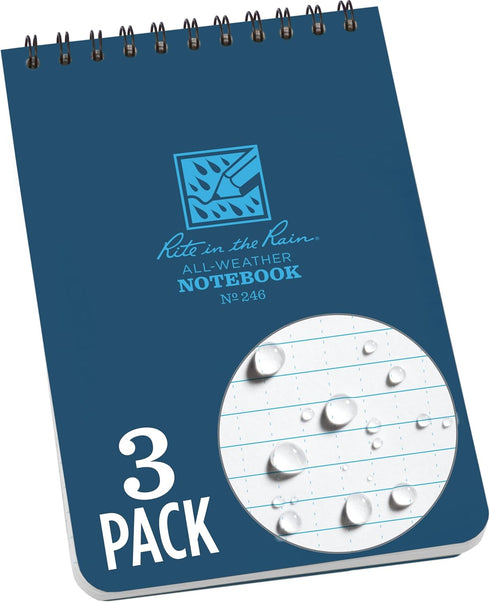 Rite In The Rain Weatherproof Top Spiral Notebook - 4" x 6", Blue Cover, Universal Pattern, 3 Pack