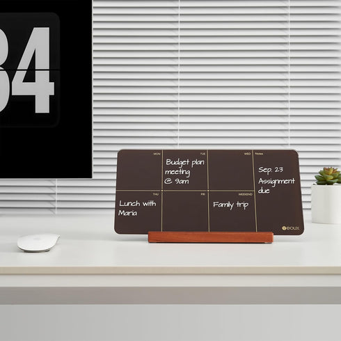 Desk Weekly Glass Dry Erase Board with Detachable Wood Stand, Burgundy Red, Small Calendar To Do List Planner
