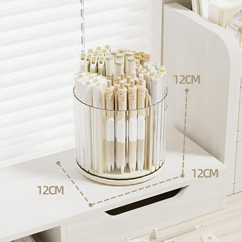 Cute Rotation Pen Holder for Desk - Beige Pencil Cup Pot Organizer for Girls, Kids, and Makeup Brushes