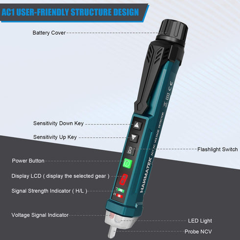 Non-Contact Voltage Tester with 9 Gear Adjustable Sensitivity, LCD Display AC Circuit Tester Tool