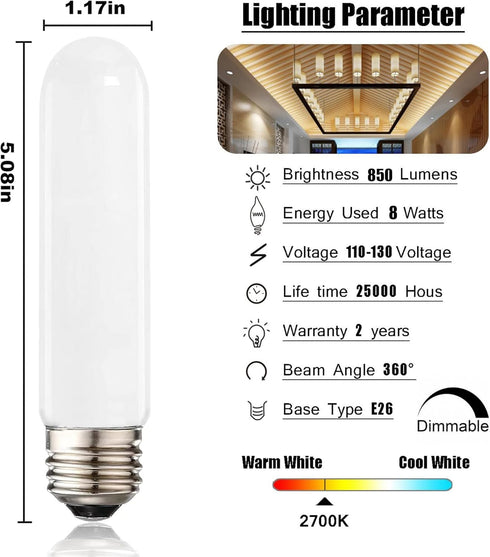 XININSUN T10 led bulb, Dimmable T10 frosted led light bulbs,8W Led tube bulbs, 60-75 Watt Equivalent,2700K Warm White,E26 Base Bulb for Desk Lamp,bathroom,Cabinet Display...milk white-3 Pack by XININSUN