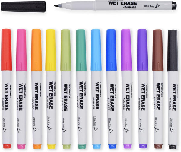 TWOHANDS Wet Erase Markers - Ultra Fine Tip 0.7mm, 12 Assorted Colors, Low Odor Whiteboard Markers for Home Office