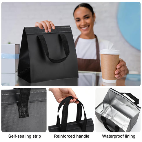 Grocery(9.45x9.45x5.91inch,Black,50 FoldTier Insulated Bags for Food Delivery, Lunch Bags Bulk Insulated Take Away Bag
