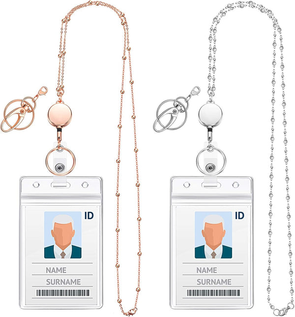 Blulu 2 Styles Set Women Beaded Lanyard with ID Holder, Retractable Badge Reel for Teacher Student
