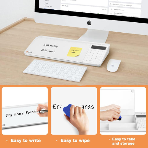 SELEAD Desktop Glass Whiteboard with Calculator & Built-in Mirror, Dry Erase White Board Computer Pad with Organizer