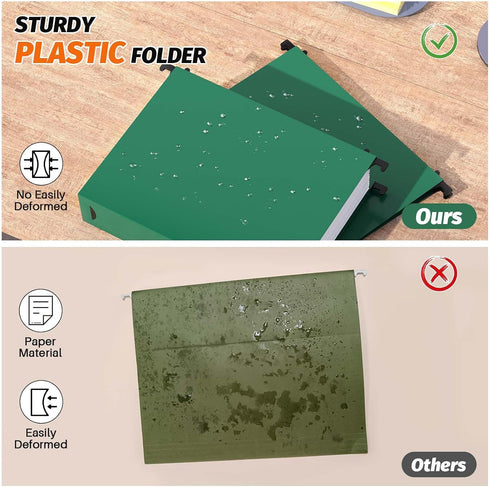 Extra Capacity Plastic Hanging File Folders, 12 Pack Heavy Duty 2 Inch Expansion, Letter Size, Green