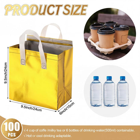 100 FoldTier Pcs Gold Insulated Bags Bulk for Food Delivery Customized Thermal Insulation Take Away Bags for Hot Cold