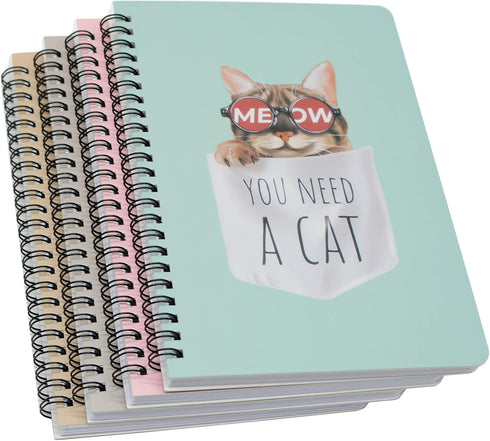 Yansanido Spiral Notebook, 4 Pcs A5 Thick Cat Design, 80 Sheets, 4 Color, 160 Pages Journals for Study