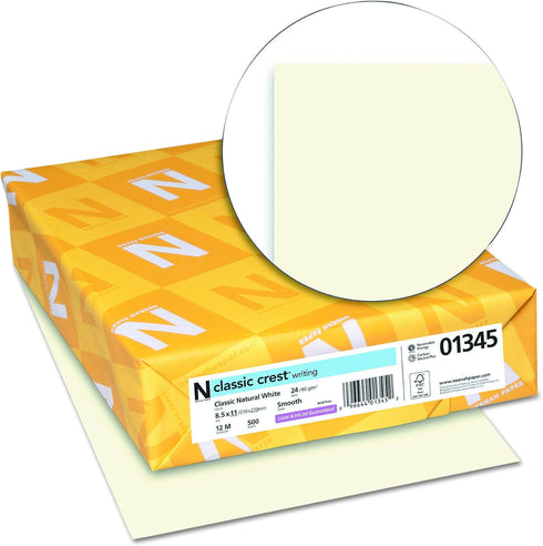 Neenah Paper 01345 Classic Crest Premium Paper, 24 lb, 8.5 x 11 Inches, White, 500 Sheets per Ream, Classic Natural White