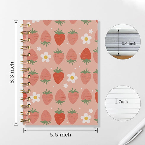 Strawberry Journal, Aesthetic Spiral Notebook for Women, Cute Composition Notebook, 5.5x8.3 Hardcover Office Supplies