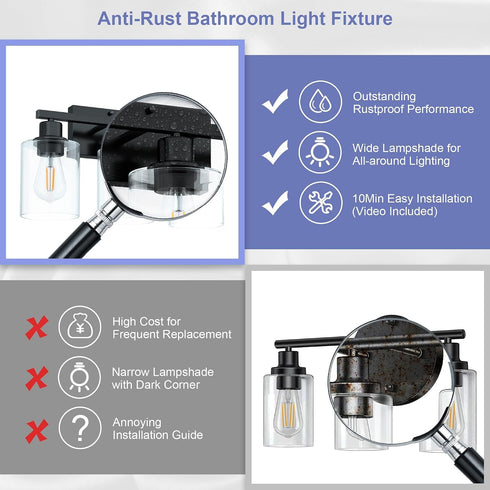 3-Light 18Inches E26 Bulbs Black Bathroom Lights Over Mirror, Anti-Rust Vanity Lighting Fixture for Bathroom, Modern